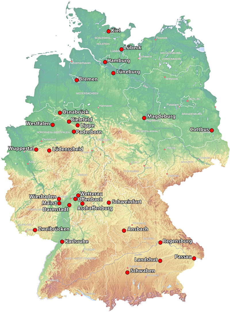 Orte in Deutschlandkarte mit naturwissenschaftlichen Vereinen